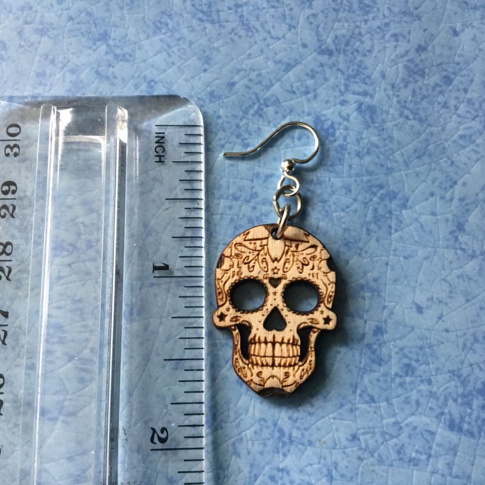 Wooden Sugar Skull Earrings Day of Dead - Picture 2 of 5